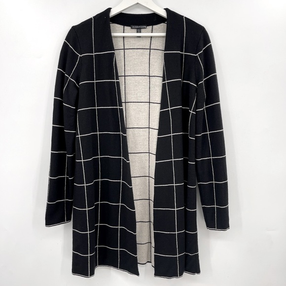 Eileen Fisher Wool Open Front Cardigan Sweater Black Windowpane Size Small - Picture 4 of 8